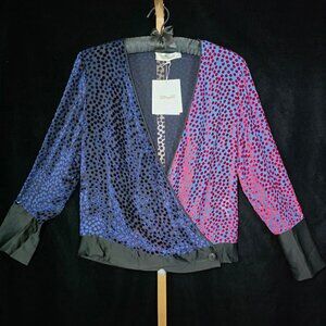 NWT Diane Von Furstenberg Blue & Red Polka Dot Velvet Chiffon Wrap Blouse S